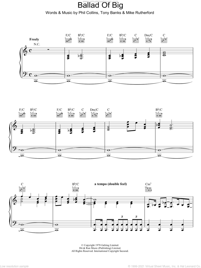 Ballad Of Big sheet music for voice, piano or guitar by Genesis, Mike Rutherford, Phil Collins and Tony Banks, intermediate skill level