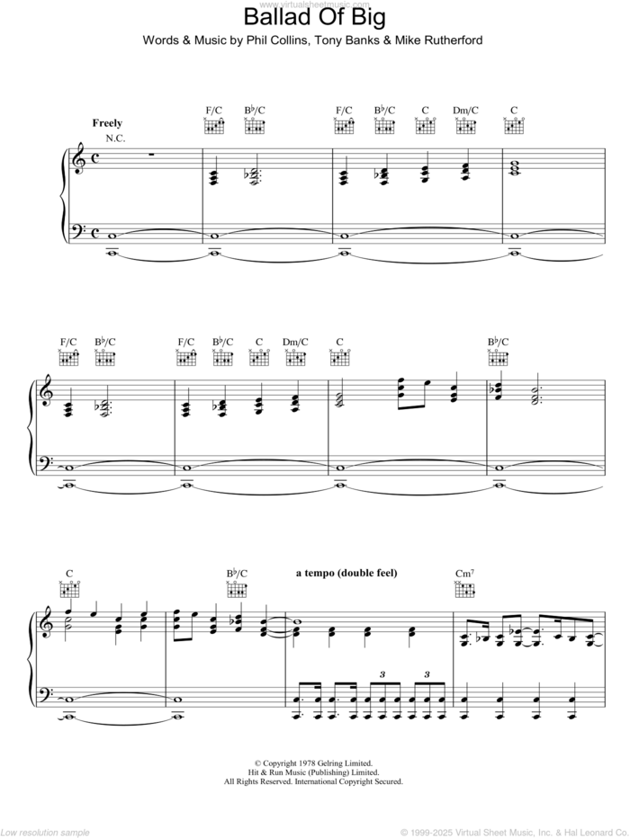 Ballad Of Big sheet music for voice, piano or guitar by Genesis, Mike Rutherford, Phil Collins and Tony Banks, intermediate skill level