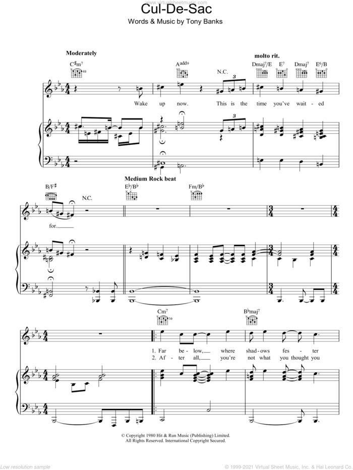 Cul-De-Sac sheet music for voice, piano or guitar by Genesis and Tony Banks, intermediate skill level