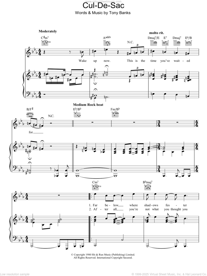 Cul-De-Sac sheet music for voice, piano or guitar by Genesis and Tony Banks, intermediate skill level