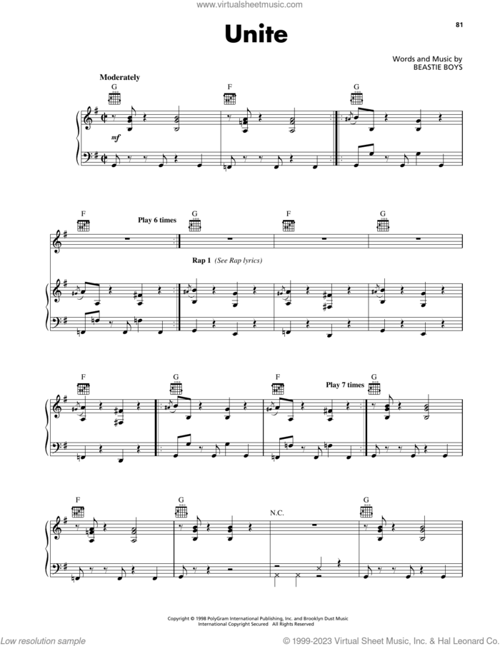 Unite sheet music for voice, piano or guitar by Beastie Boys, intermediate skill level