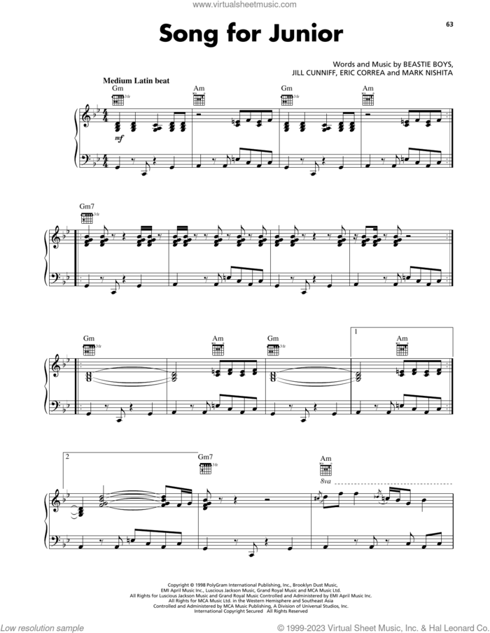 Song For Junior sheet music for voice, piano or guitar by Beastie Boys, Eric Correa, Jill Cunniff and Mark Nishita, intermediate skill level