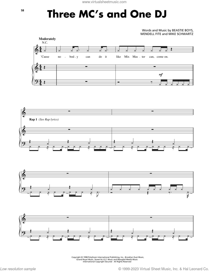 Three MC's And One DJ sheet music for voice, piano or guitar by Beastie Boys, Mike Schwartz and Wendell Fite, intermediate skill level