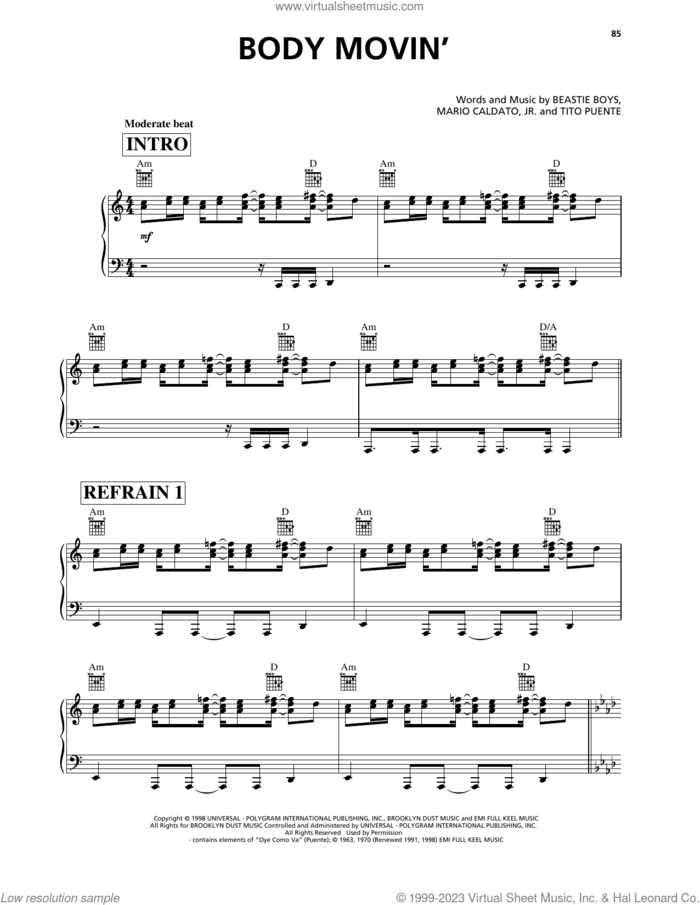 Body Movin' sheet music for voice, piano or guitar by Beastie Boys, Mario Caldato, Jr. and Tito Puente, intermediate skill level