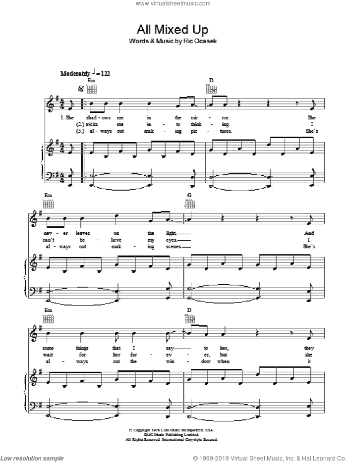 All Mixed Up sheet music for voice, piano or guitar by The Cars and Ric Ocasek, intermediate skill level
