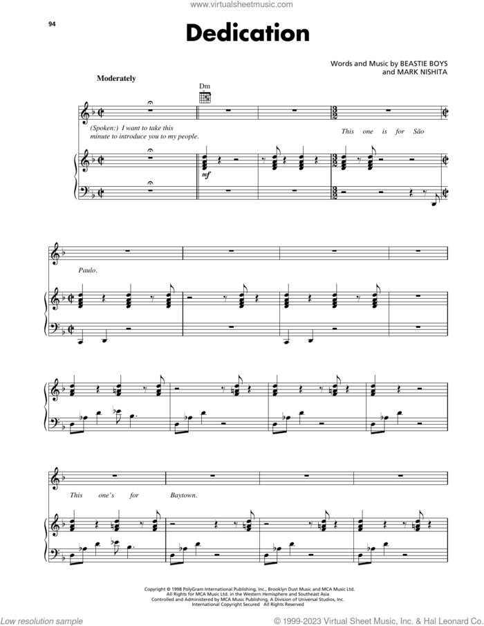 Dedication sheet music for voice, piano or guitar by Beastie Boys and Mark Nishita, intermediate skill level