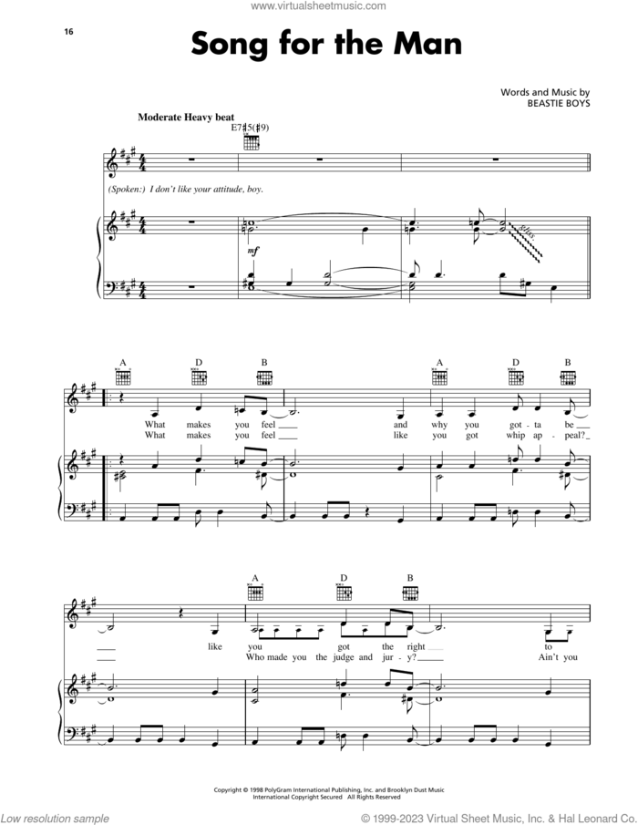 Song For The Man sheet music for voice, piano or guitar by Beastie Boys, intermediate skill level