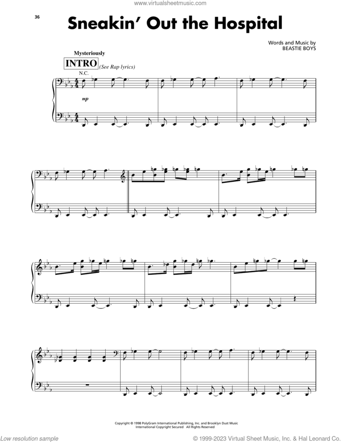Sneakin' Out The Hospital sheet music for voice, piano or guitar by Beastie Boys, intermediate skill level
