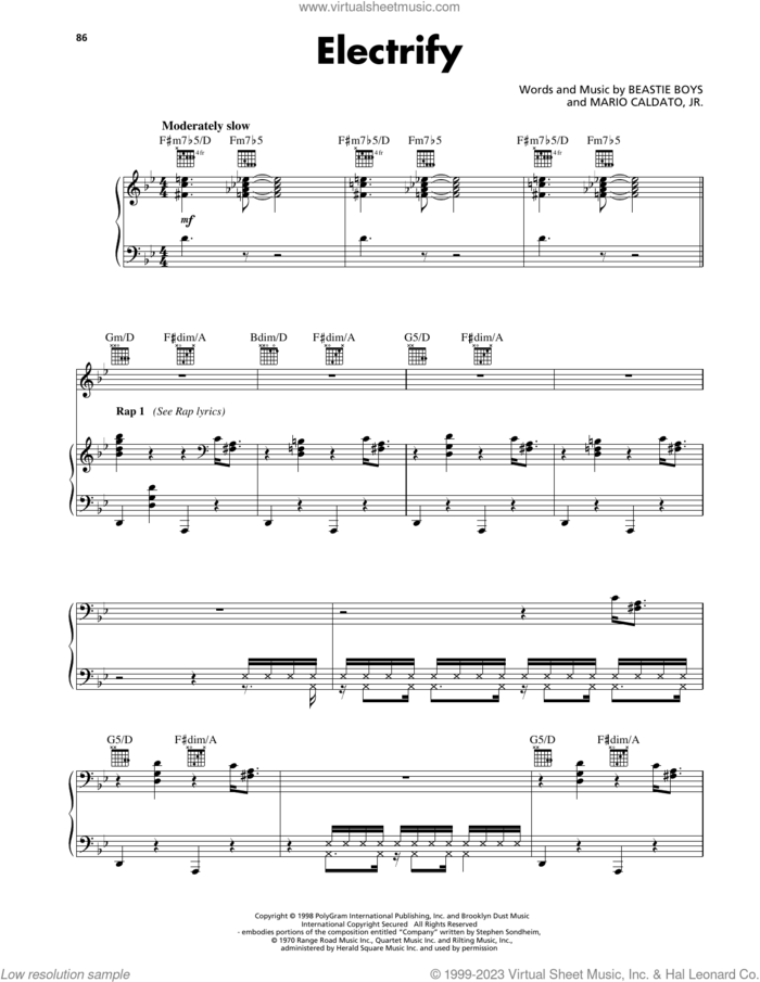 Electrify sheet music for voice, piano or guitar by Beastie Boys and Mario Caldato, Jr., intermediate skill level