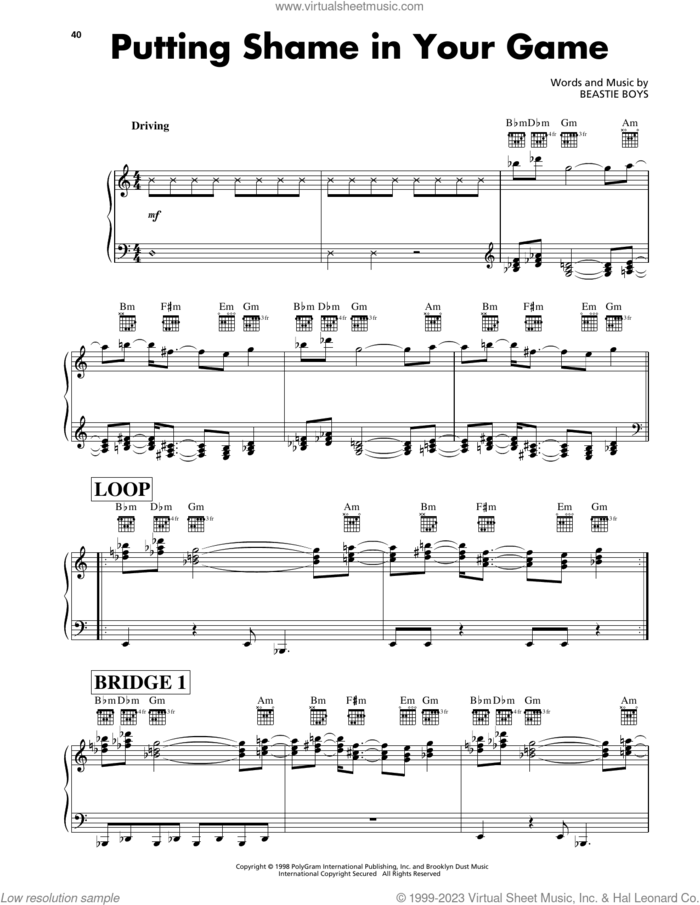 Putting Shame In Your Game sheet music for voice, piano or guitar by Beastie Boys, intermediate skill level