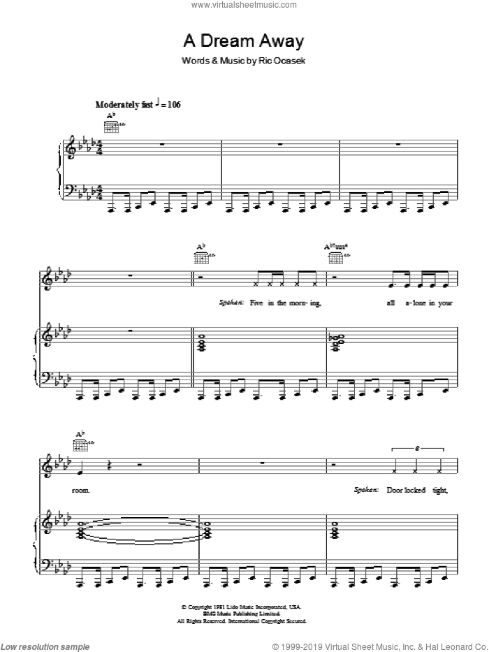A Dream Away sheet music for voice, piano or guitar by The Cars and Ric Ocasek, intermediate skill level