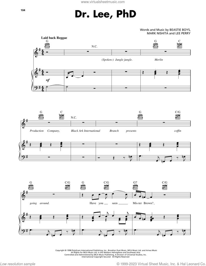 Dr. Lee, PhD sheet music for voice, piano or guitar by Beastie Boys, Lee Perry and Mark Nishita, intermediate skill level
