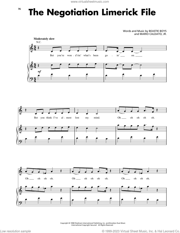 The Negotiation Limerick File sheet music for voice, piano or guitar by Beastie Boys and Mario Caldato, Jr., intermediate skill level