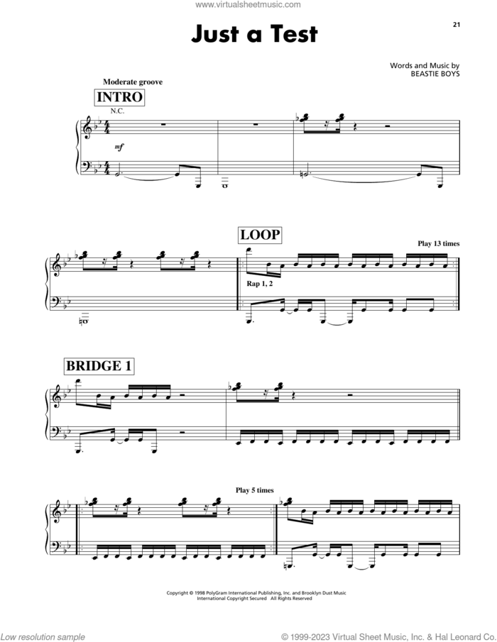 Just A Test sheet music for voice, piano or guitar by Beastie Boys, intermediate skill level
