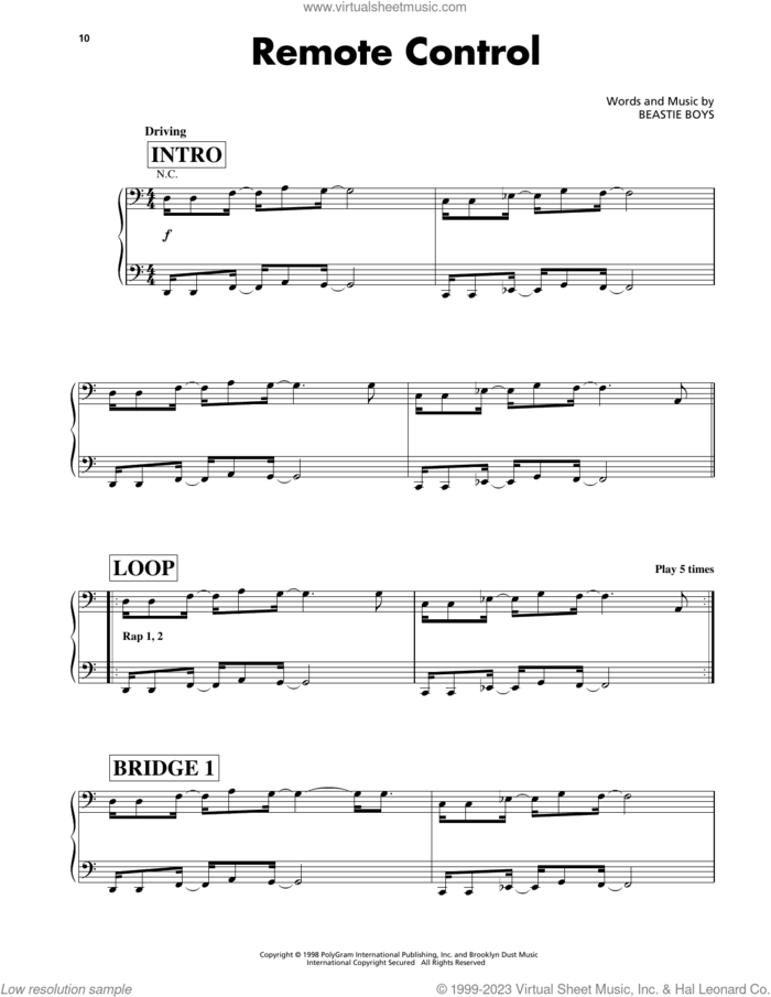 Remote Control sheet music for voice, piano or guitar by Beastie Boys, Adam Horovitz, Adam Yauch and Michael Diamond, intermediate skill level