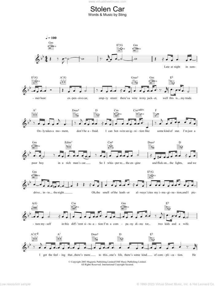 Stolen Car sheet music for voice and other instruments (fake book) by Sting, intermediate skill level