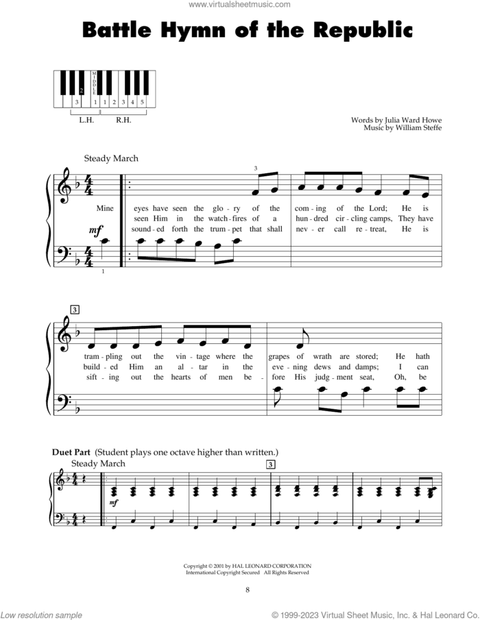 Battle Hymn Of The Republic sheet music for piano solo (5-fingers) by William Steffe and Julia Ward Howe, beginner piano (5-fingers)