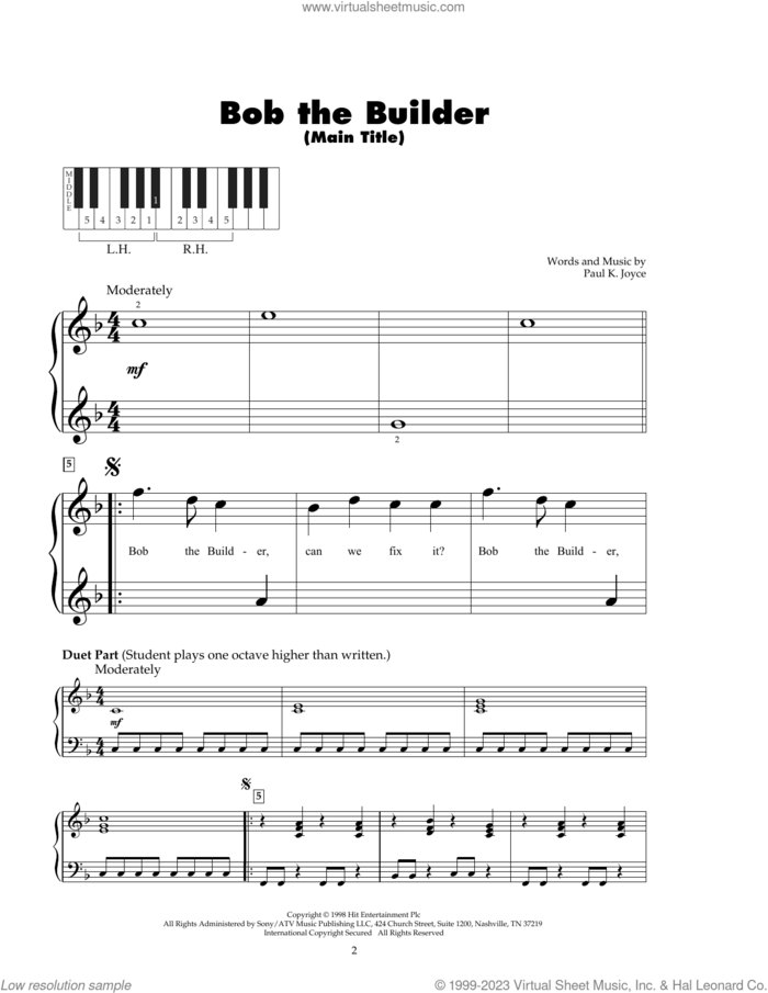 Bob The Builder (Main Title) sheet music for piano solo (5-fingers) by Paul K. Joyce, beginner piano (5-fingers)