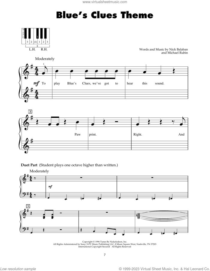 Blue's Clues Theme sheet music for piano solo (5-fingers) by Nick Balaban and Michael Rubin, beginner piano (5-fingers)