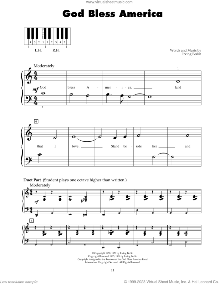 God Bless America sheet music for piano solo (5-fingers) by Irving Berlin, beginner piano (5-fingers)