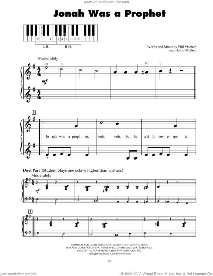 Jonah Was A Prophet (from Jonah - A VeggieTales Movie) sheet music for piano solo (5-fingers) by Phil Vischer and David Mullen, beginner piano (5-fingers)