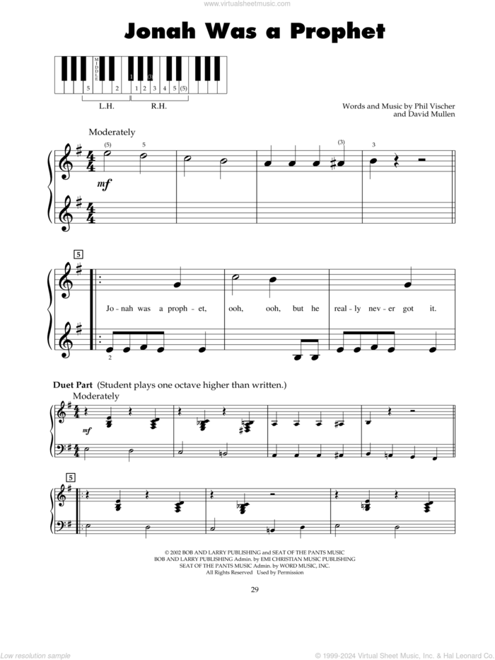 Jonah Was A Prophet (from Jonah - A VeggieTales Movie) sheet music for piano solo (5-fingers) by Phil Vischer and David Mullen, beginner piano (5-fingers)