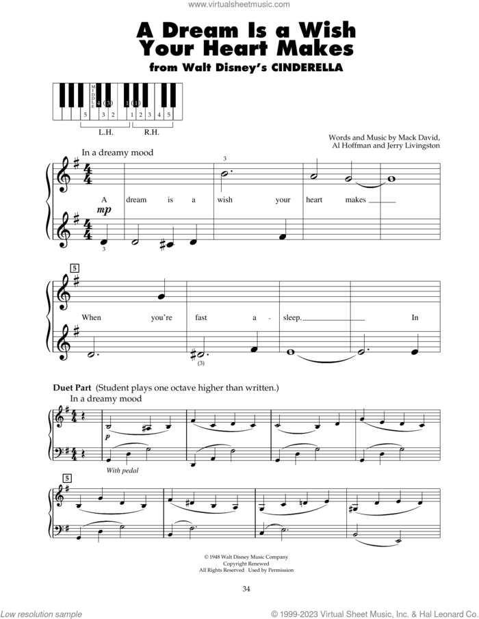 A Dream Is A Wish Your Heart Makes (from Cinderella) sheet music for piano solo (5-fingers) by Ilene Woods, Al Hoffman, Jerry Livingston and Mack David, beginner piano (5-fingers)