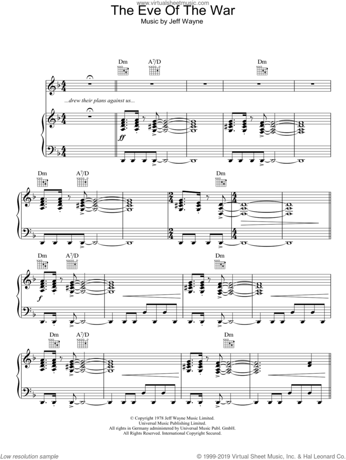 The Eve Of The War (from War Of The Worlds) sheet music for voice, piano or guitar by Jeff Wayne, intermediate skill level