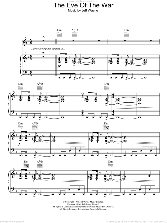 The Eve Of The War (from War Of The Worlds) sheet music for voice, piano or guitar by Jeff Wayne, intermediate skill level