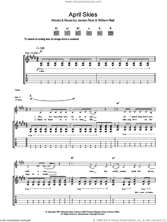 April Skies sheet music for guitar (tablature) by The Jesus And Mary Chain, James Reid and William Reid, intermediate skill level