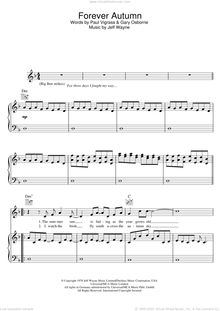 Forever Autumn (from War Of The Worlds) sheet music for voice, piano or guitar by Jeff Wayne, Gary Osborne and Paul Vigrass, intermediate skill level