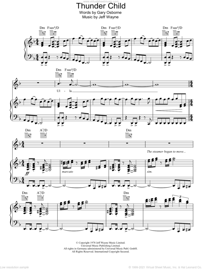 Thunder Child (from War Of The Worlds) sheet music for voice, piano or guitar by Jeff Wayne and Gary Osborne, intermediate skill level