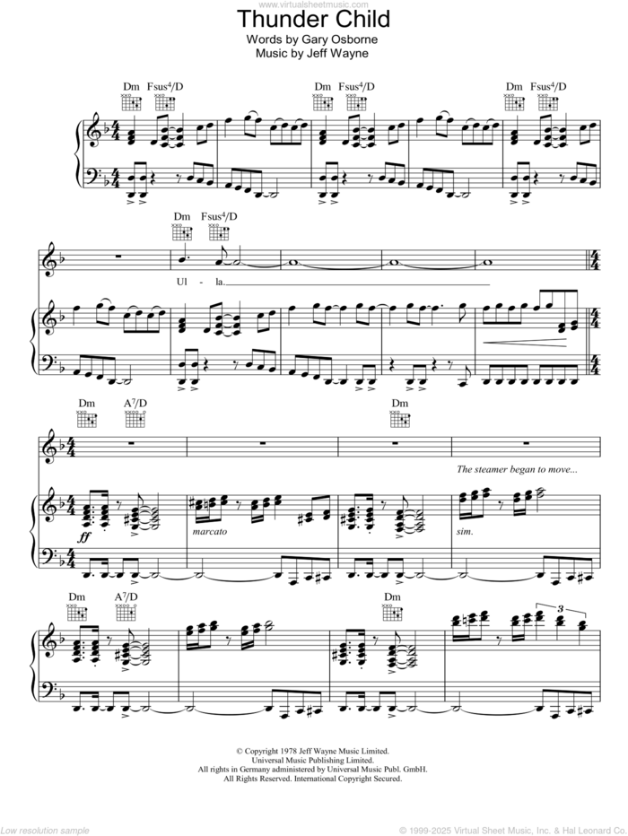 Thunder Child (from War Of The Worlds) sheet music for voice, piano or guitar by Jeff Wayne and Gary Osborne, intermediate skill level