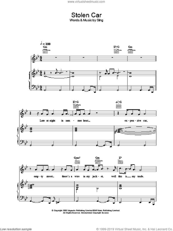 Stolen Car sheet music for voice, piano or guitar by Sting, intermediate skill level