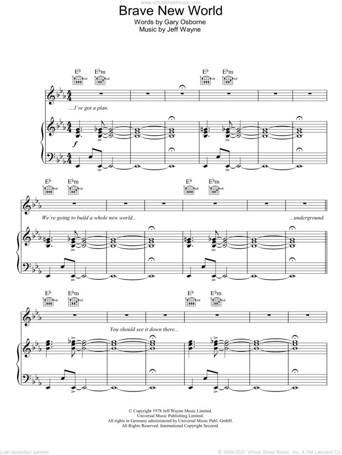 Brave New World (from War Of The Worlds) sheet music for voice, piano or guitar by Jeff Wayne and Gary Osborne, intermediate skill level