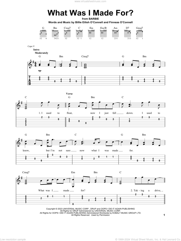 What Was I Made For? (from Barbie) sheet music for guitar solo (easy tablature) by Billie Eilish, easy guitar (easy tablature)