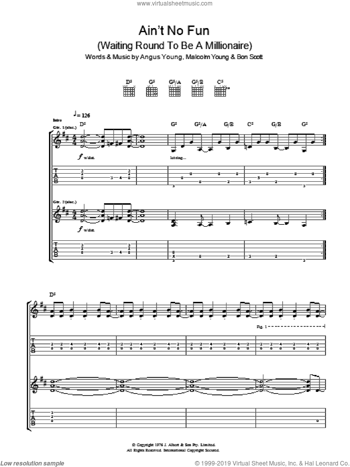 Ain't No Fun (Waiting Around To Be A Millionaire) sheet music for guitar (tablature) by AC/DC, Angus Young, Bon Scott and Malcolm Young, intermediate skill level