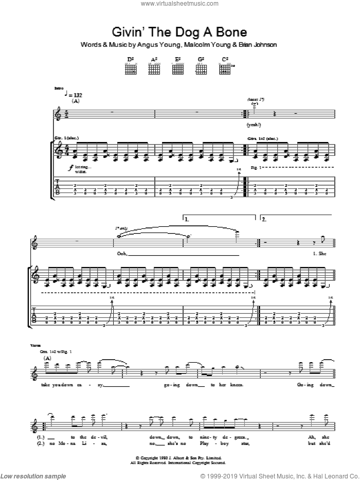 Givin' The Dog A Bone sheet music for guitar (tablature) by AC/DC, Angus Young, Brian Johnson and Malcolm Young, intermediate skill level