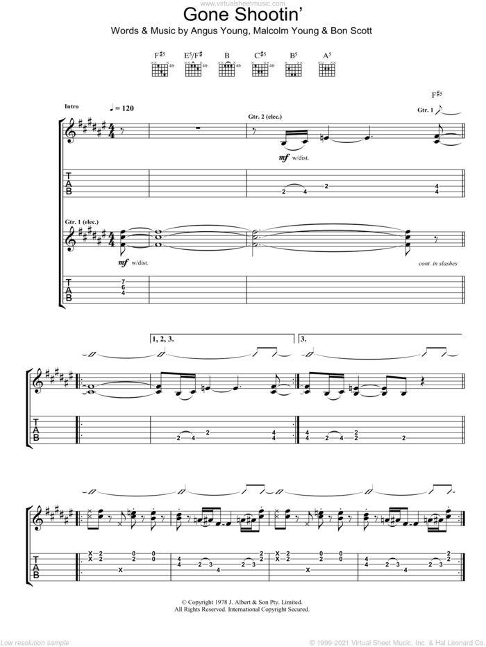 Gone Shootin' sheet music for guitar (tablature) by AC/DC, Angus Young, Bon Scott and Malcolm Young, intermediate skill level