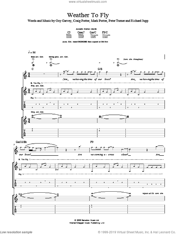 Weather To Fly sheet music for guitar (tablature) by Elbow, Craig Potter, Eric Jupp, Guy Garvey, Mark Potter and Peter Turner, intermediate skill level