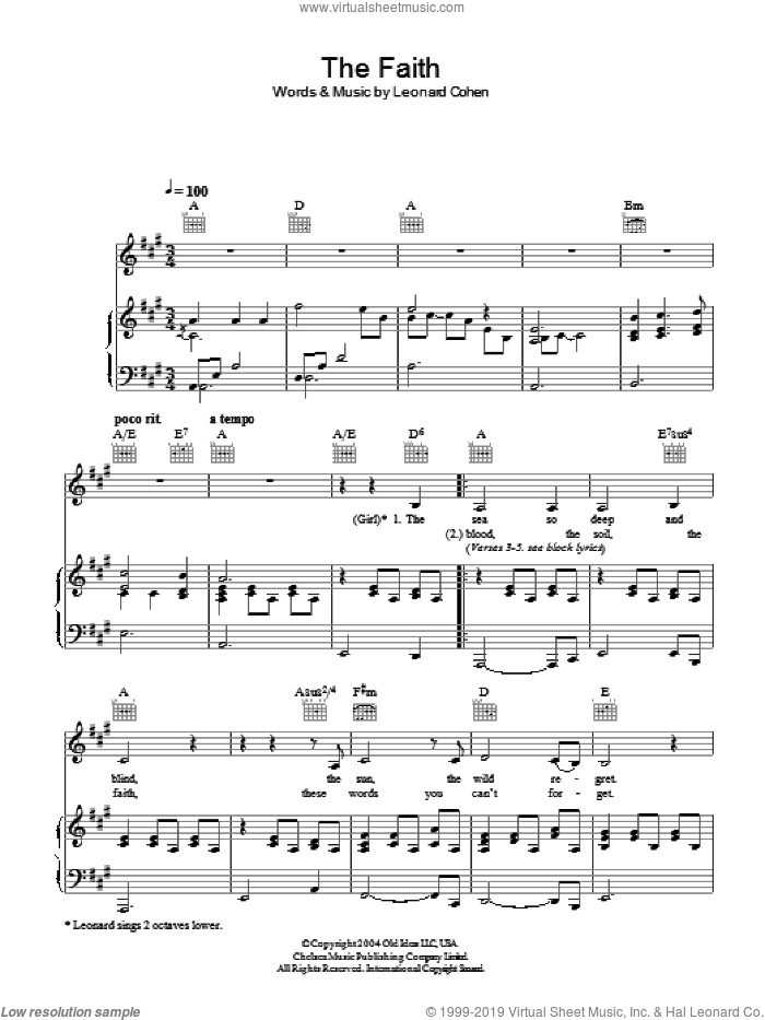 The Faith sheet music for voice, piano or guitar by Leonard Cohen, intermediate skill level