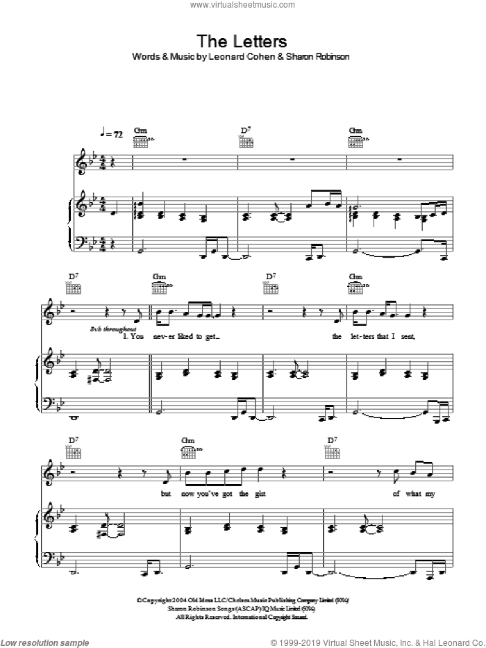 The Letters sheet music for voice, piano or guitar by Leonard Cohen and Sharon Robinson, intermediate skill level