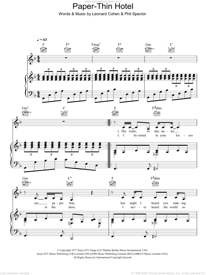 Paper-Thin Hotel sheet music for voice, piano or guitar by Leonard Cohen and Phil Spector, intermediate skill level