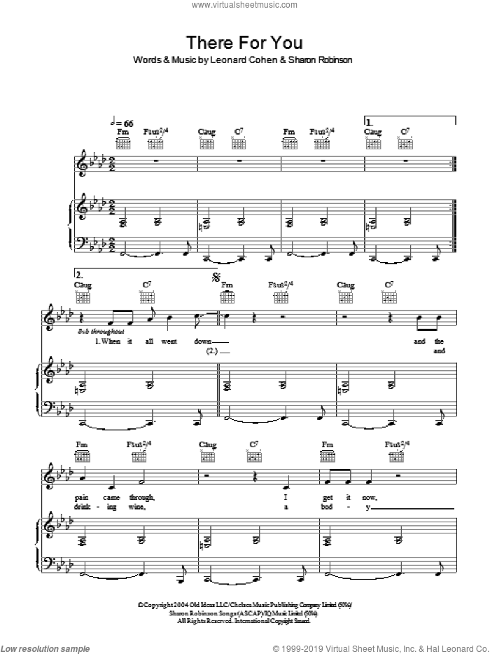 There For You sheet music for voice, piano or guitar by Leonard Cohen and Sharon Robinson, intermediate skill level