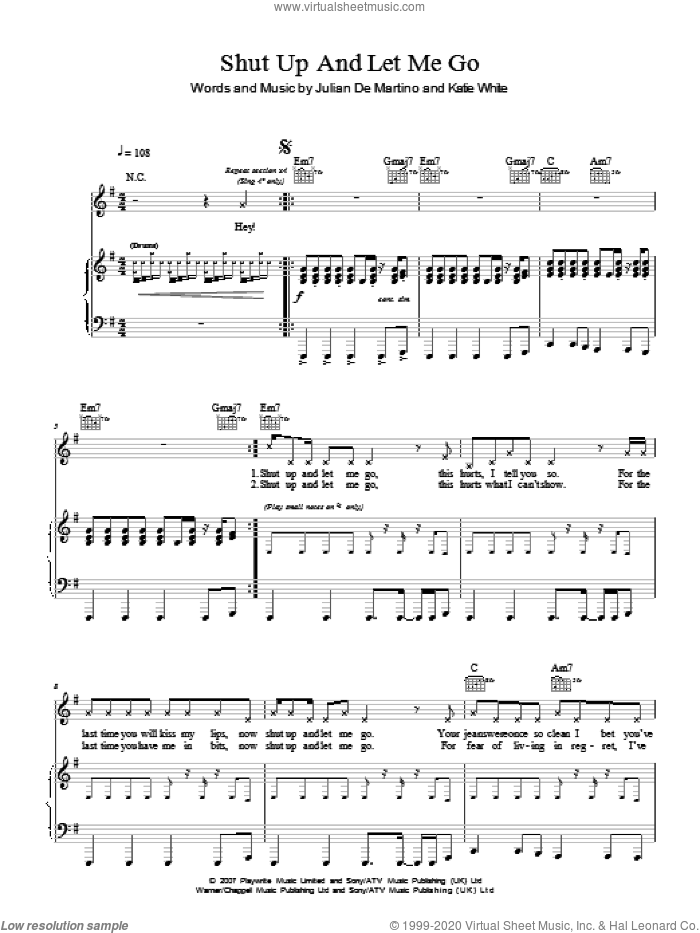Shut Up And Let Me Go sheet music for voice, piano or guitar by The Ting Tings, Jules De Martino and Katie White, intermediate skill level
