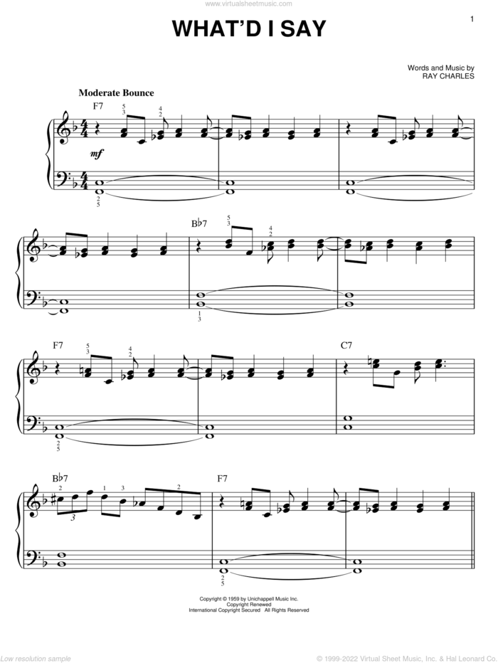 What'd I Say sheet music for piano solo by Ray Charles and Ray (Movie), easy skill level