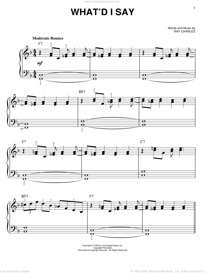 What'd I Say sheet music for piano solo by Ray Charles and Ray (Movie), easy skill level