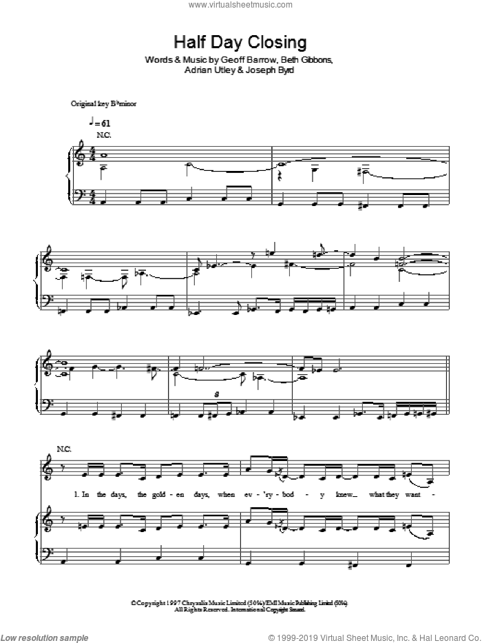 Half Day Closing sheet music for voice, piano or guitar by Portishead, Adrian Utley, Beth Gibbons, Geoff Barrow and Joseph Byrd, intermediate skill level