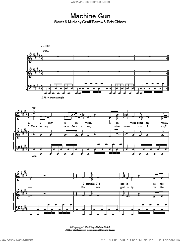 Machine Gun sheet music for voice, piano or guitar by Portishead, Beth Gibbons and Geoff Barrow, intermediate skill level