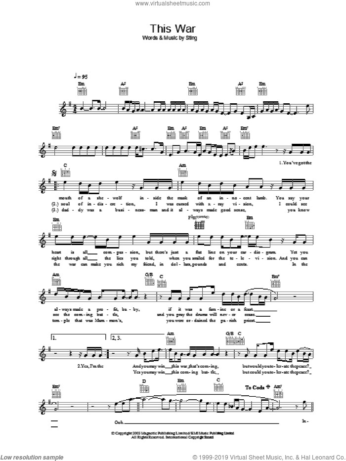 This War sheet music for voice and other instruments (fake book) by Sting, intermediate skill level